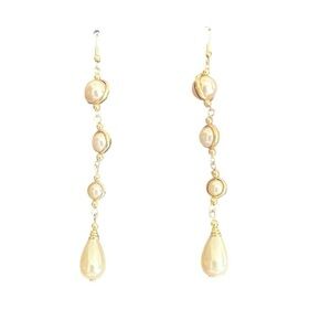 Extra Long Statement Faux Pearl Dangle Gold Earrings, 4"